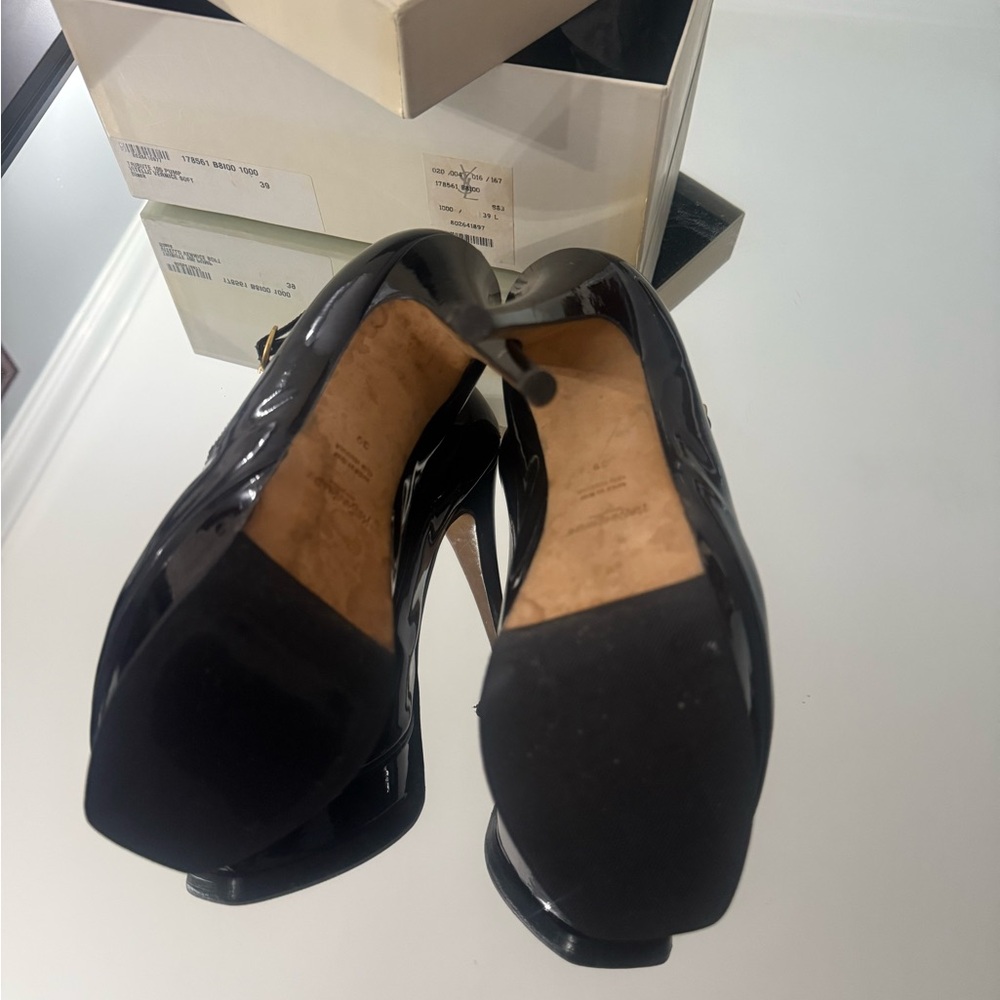 Yves Saint Laurent Patent Tribute 105 Pumps Black Heels Mary Jane Peep Toe YSL - Picture 5 of 7